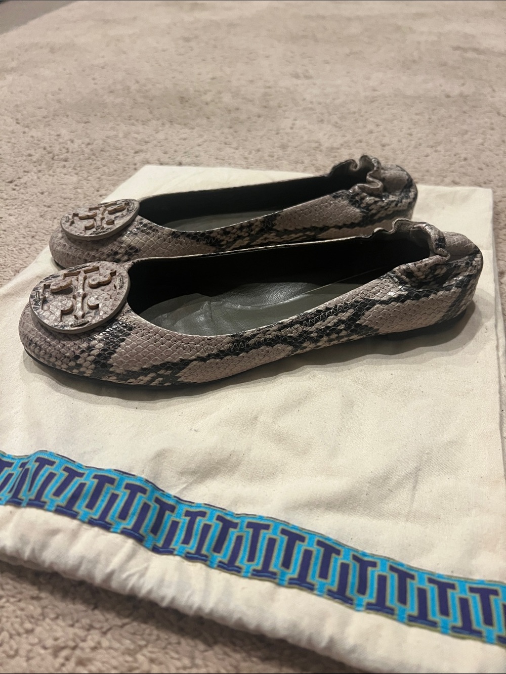 Tory Burch Snakeskin-Print Reva Ballet Flats in Taupe - Picture 3 of 7